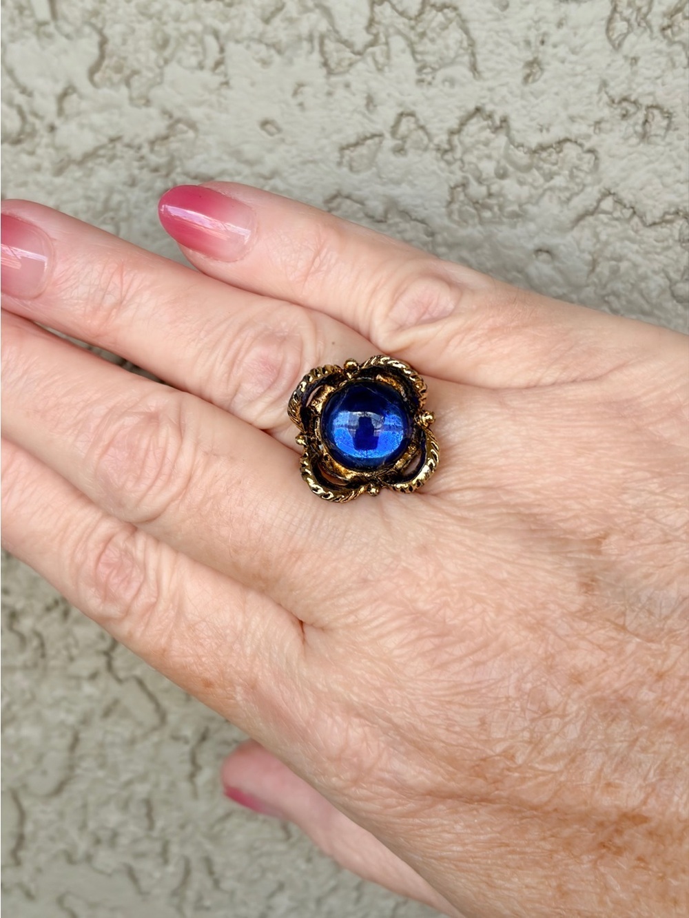 Vintage Style Gold-Tone Ring with Deep Blue Glass Cabochon